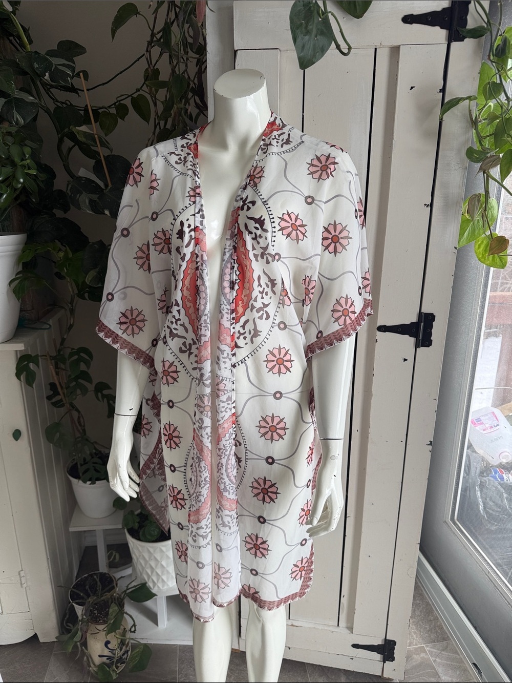 White peach brown  Floral Printed Kimono beach Cover-Up duster one size NWOT